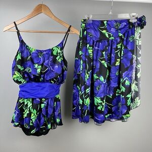 Vintage Sirena Swim Suit & Sarong Womens 10/M Purple Floral Skirted One-Piece